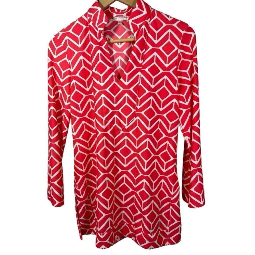 JUDE CONNALLY Women's Diamond Geometric Print Tunic Blouse Orange Size Small